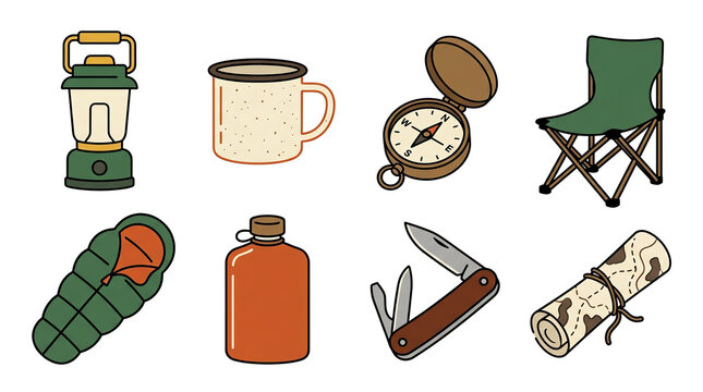 Outdoor camping equipment vector in gear illustration lantern of compass set icon knife chair map