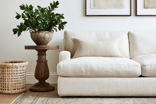 Cozy living room corner featuring a white sofa, wooden pedestal side table with a potted plant, and a woven basket on a patterned rug