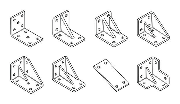 Isometric set of metal corner brackets line art vector illustration.