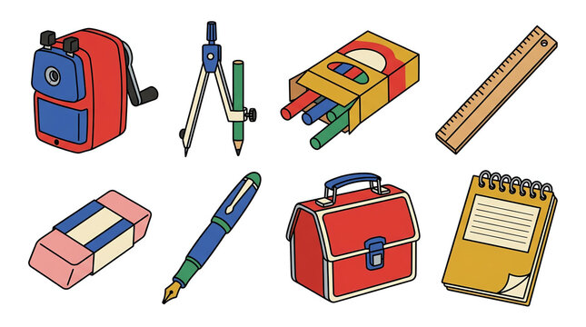 Supply school education stationery in pencil pen ruler of notebook vector icon study sharpener compass