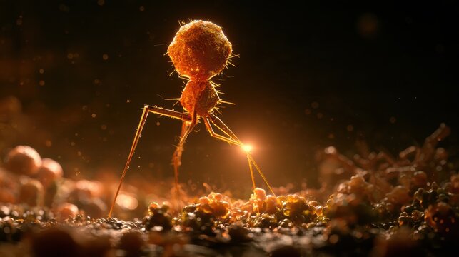 Phage particles precisely targeting and eliminating harmful bacteria within a diverse microbiome against a dark background.