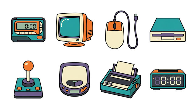 Retro technology vintage computer in electronic device icon of set joystick monitor mouse pager clock