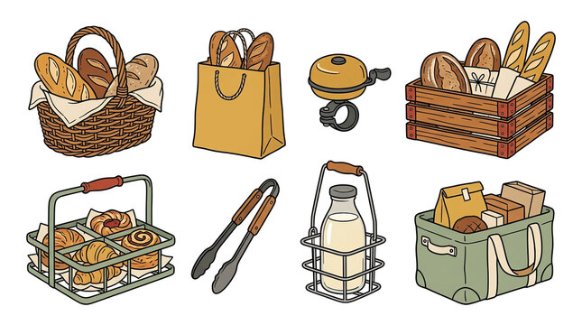 Bakery bread food baguette in basket milk fresh of vintage illustration set vector pastry wheat