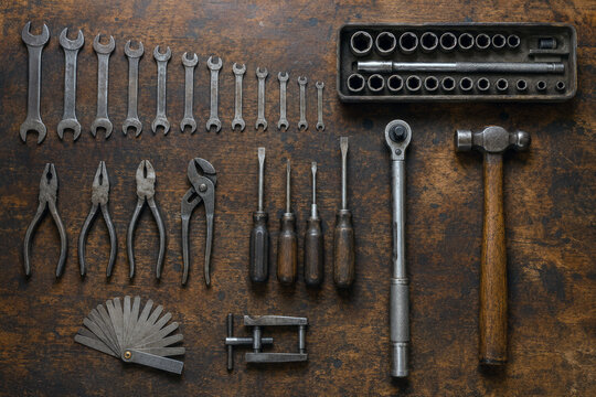Old wrenches, sockets, pliers, screwdrivers and gauges form an orderly arrangement on an oil-darkened wooden workbench. Hand tools and practical mechanical craftsmanship concept.