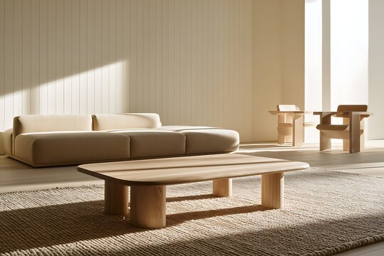 Modern minimalist living room with beige sofa, wooden coffee table, and natural sunlight in a bright, airy space