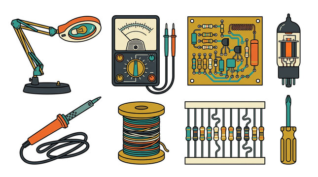 Repair electronics soldering circuit in tool multimeter lamp of wire vintage set vector illustration board
