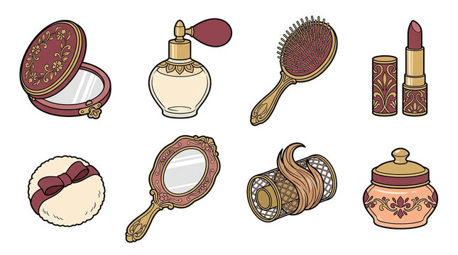 Cosmetics makeup beauty perfume in lipstick mirror brush of vintage powder set vector illustration retro
