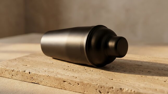 Modern matte black cocktail shaker resting on a textured beige stone surface in a minimalist kitchen setting. cocktail shaker mockup