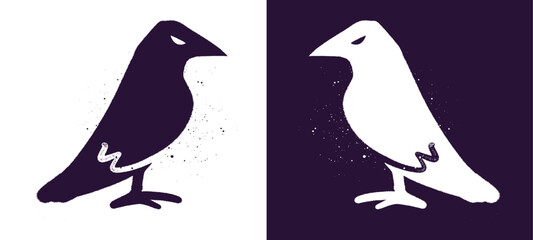 Obraz premium Raven crow bird doodle sticker with spray paint texture and street art style. Mystical Halloween dark bird clip art isolated on background for design.