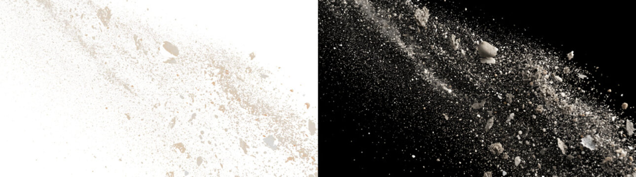 Rock gravel debris explosion with chunky diagonal fragments and trailing dust for overlays in PNG Transparent and Black Background Versions