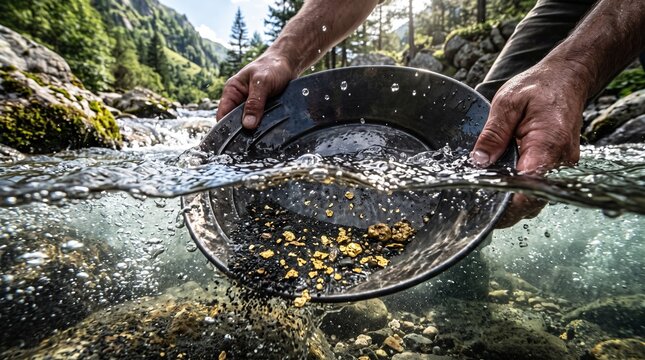 Gold pan with gold flakes and nuggets being washed in a mountain river
