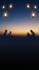 Fototapeta premium Peaceful Islamic background with blurred silhouettes of santri students sitting and praying under glowing lanterns to celebrate National Santri Day 2026.