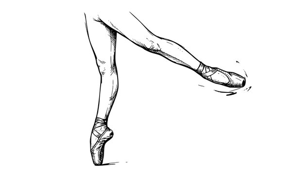 Sketch illustration of ballerina legs in motion with one foot pointed on pointe shoe extended forward
