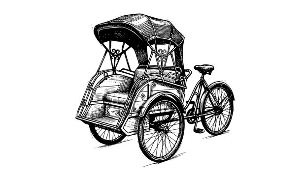 Hand drawn ink illustration of an ornate vintage rickshaw bicycle with floral carved canopy and cushioned seat