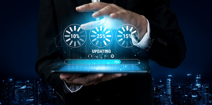 A concept of a system update and software installation. A progress bar and loading icons showing the update percentage and status. Motif
