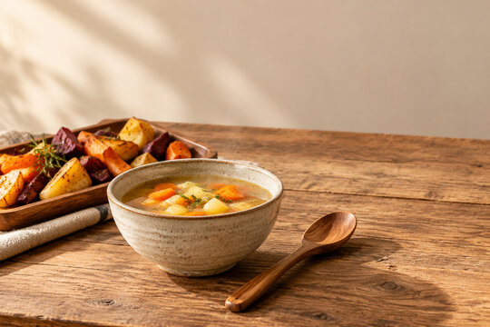 Ceramic bowl of soup with roasted root vegetables on rustic table, autumn comfort food and home cooking concept