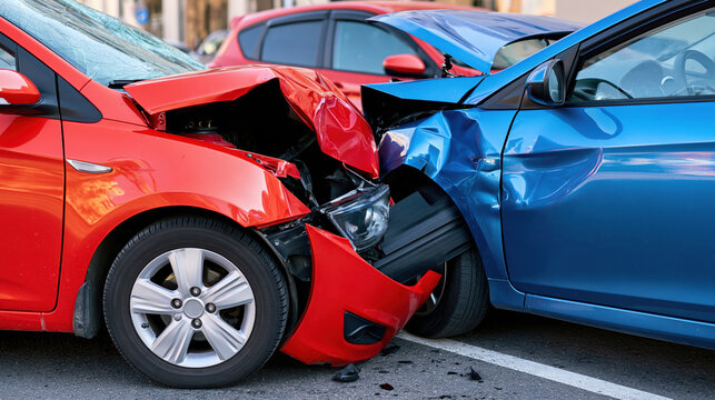 Vehicle collision damaged car front impact crumpled metal insurance claim road accident blue car red car urban street traffic crash collision scene wrecked bumper dented panel broken headlight