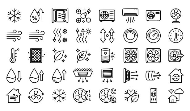 Air Conditioning Cooling Humidity Airflow Vector Line Icons Set Editable Stroke