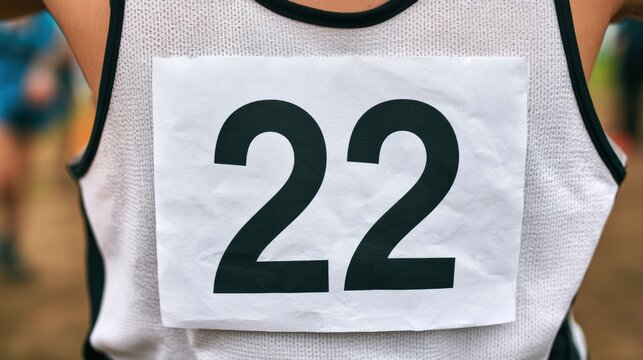 A runner displays a marathon bib with the number 22 at an athletic outdoor race event. The participant prepares to compete in a running challenge.