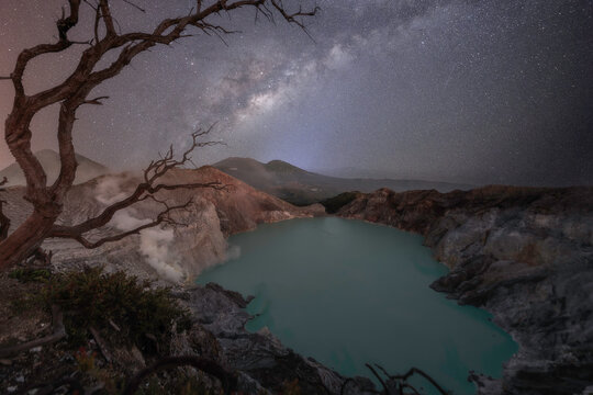 Ijen volcano under Milky Way night sky