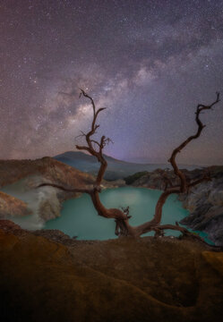 Ijen volcano under Milky Way night sky