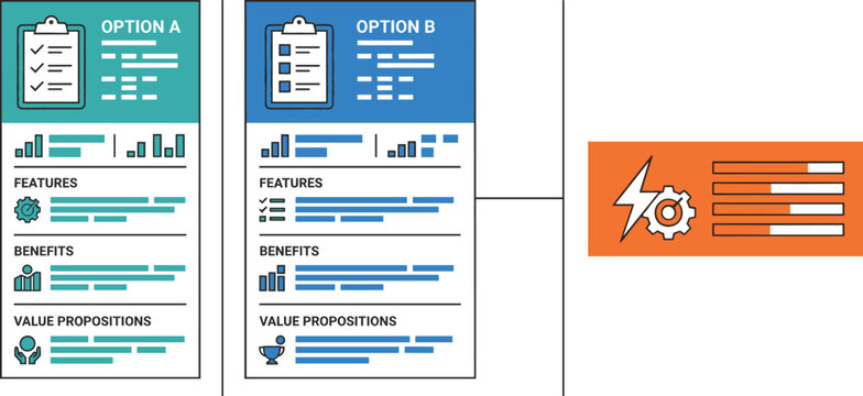 Business A B testing comparison infographic template with feature benefits evaluation charts vector layout