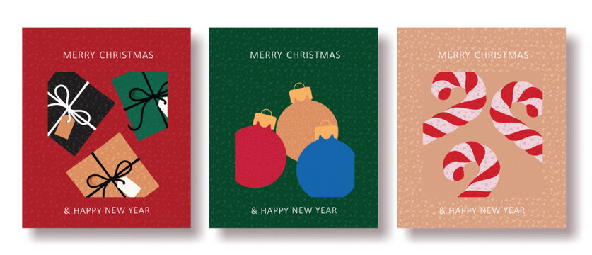 Christmas Minimalist Flat Design Greeting Cards Set with Gifts, Baubles and Candy Canes