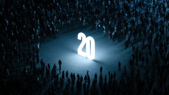 A large glowing number 20 stands out in a dark scene as people surround it for a company milestone event celebrating employee growth.