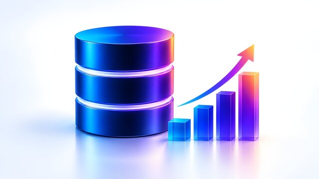 Database storage cylinder with ascending growth chart and upward arrow representing data scaling