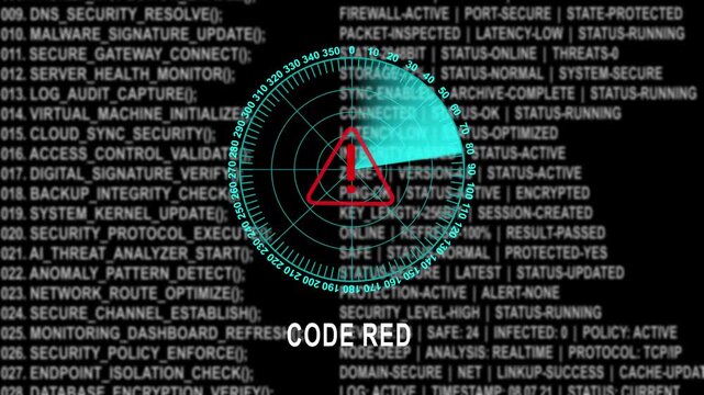 Advanced cyber security code red alert warning system interface with spinning radar scanner and programming source code background, animation for digital, threat detection and, information technology