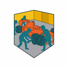 Fototapeta premium Formula One Race Car Pit Stop Maintenance Team.