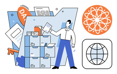 Office worker organizing digital files and documents vector illustration. Data management, information storage, business workflow, cloud computing, archive system, corporate productivity. Employee © Dmytro