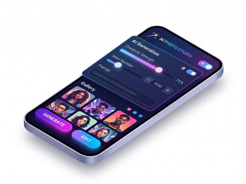 AI Image Generator App Interface on Smartphone with Portrait Gallery