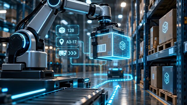 Robotic arm lifting package with glowing holographic shipping data overlay in automated smart warehouse
