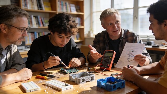 Group of people working on electronics repair at a community workshop table