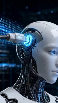 futuristic robot with futuristic data plugin to it brain