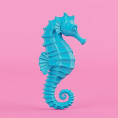 Duotone Marine Life And Ocean Beauty Concept. Glossy Blue Seahorse With Curled Tail And Detailed Fins On Pink Background In Duotone Style. 3D Rendering © doomu