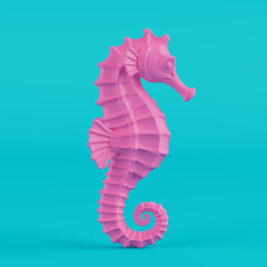 Duotone Marine Life And Ocean Beauty Concept. Glossy Pink Seahorse With Curled Tail And Detailed Fins On Blue Background In Duotone Style. 3D Rendering © doomu
