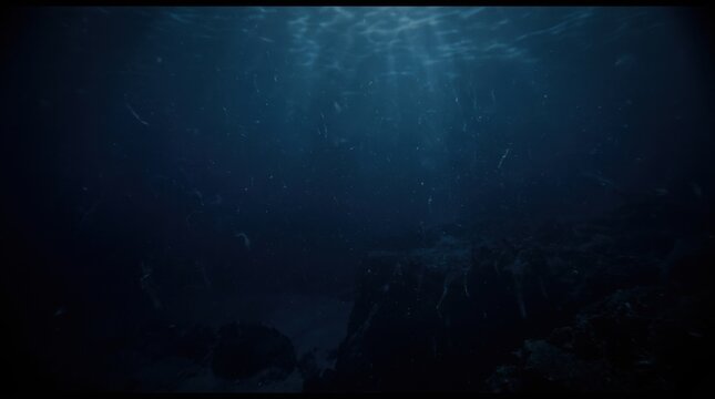 Dark blue deep ocean water surface view from underwater looking upwards towards light with underwater