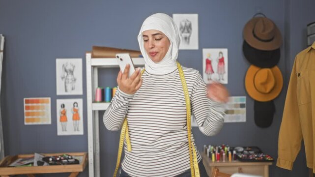 Woman in headscarf holding smartphone and yellow measuring tape, hand to phone speaking while smiling in studio; confidence creativity.
