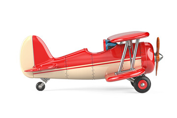 Aviation And Vintage Flight Concept. Classic Red Biplane With Wooden Propeller And Twin Wings Isolated On White Background. 3D Rendering © doomu
