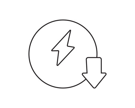 Low energy consumption line icon with lightning bolt in circle and down arrow for electricity reduction