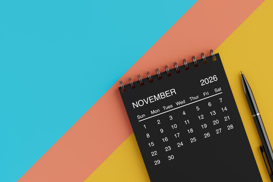 Black Flip Monthly November 2026 Business Calendar with Black Pen. 3d Rendering