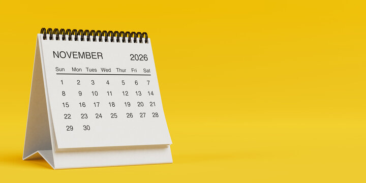White Desk Monthly November 2026 Business Calendar. 3d Rendering