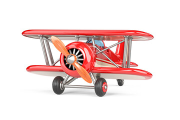Aviation And Vintage Flight Concept. Classic Red Biplane With Wooden Propeller And Twin Wings Isolated On White Background. 3D Rendering © doomu