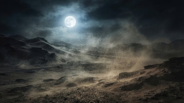 Full moon shining over a desolate dark desert landscape at night with landscape nighttime atmospheric wilderness