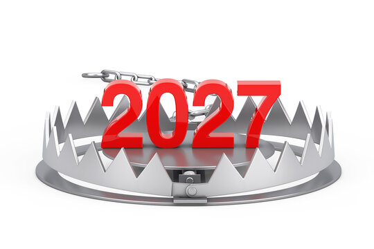 2027 New Year Sign in Metal Bear Trap. 3d Rendering