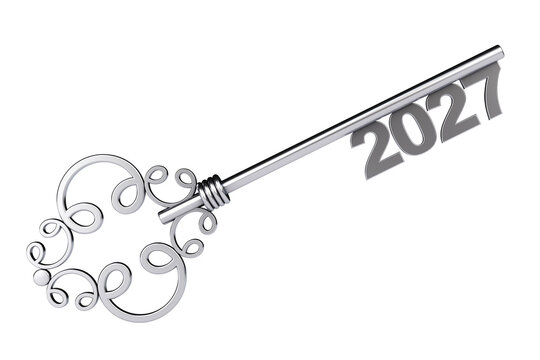 Silver Vintage Key with 2027 year Sign. 3d Rendering