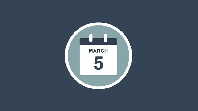 Minimalist calendar animation featuring march 5th date display for business scheduling, event planning, appointment reminders, and digital time management concepts in a clean style