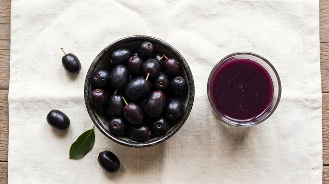 Fresh jamun fruits with glass of juice on linen fabric top view